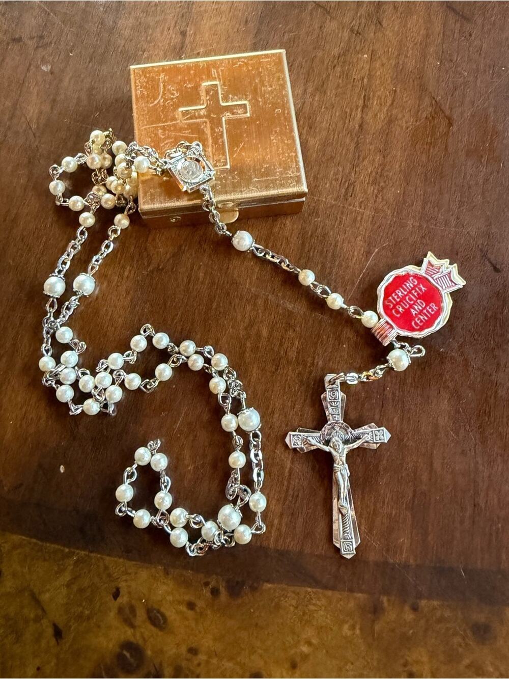 Chapel 925 Sterling Rosary Gold tone Box #N24 vintage new with tag USA